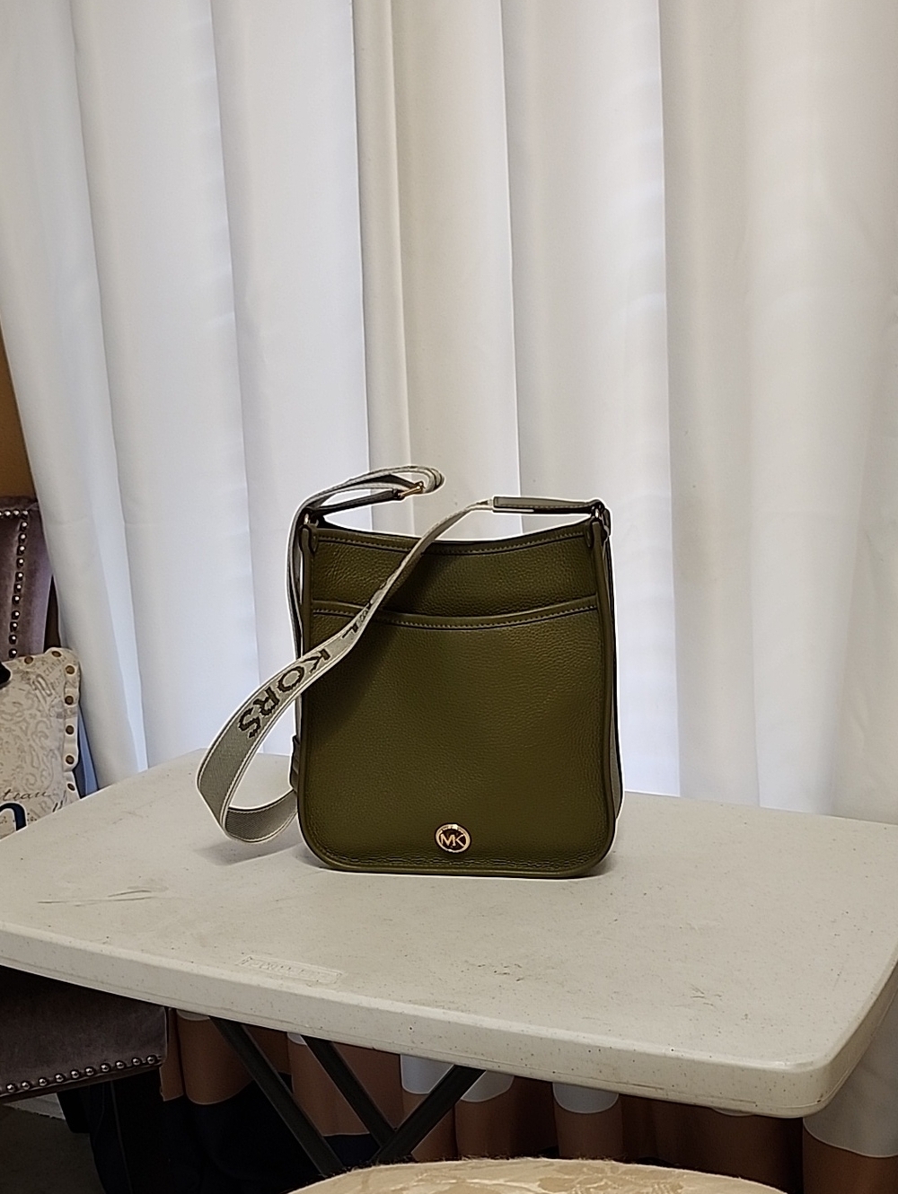 Michael Kors Olive Pebbled Leather Crossbody with Logo Strap